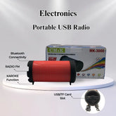 Portable USB radio with features highlighted on a white background
